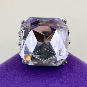 💛 Silver Tone Square Crystal Statement Ring | Clear Faux Gemstone
